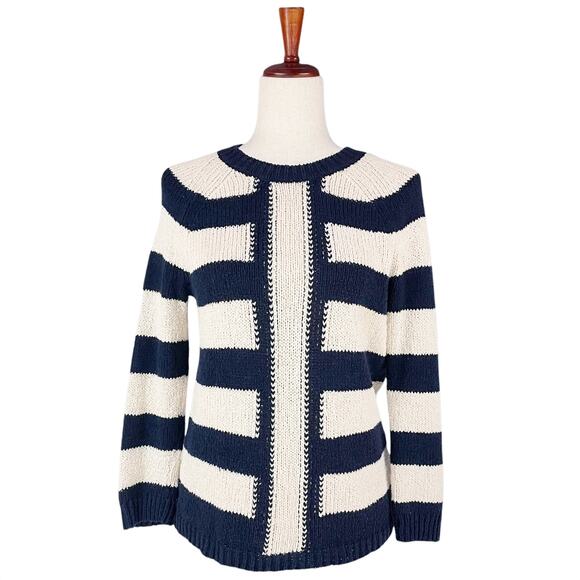 J. CREW Mixed Stripe Navy & Ivory Cotton-Linen Blend Sweater Size S - Picture 2 of 8